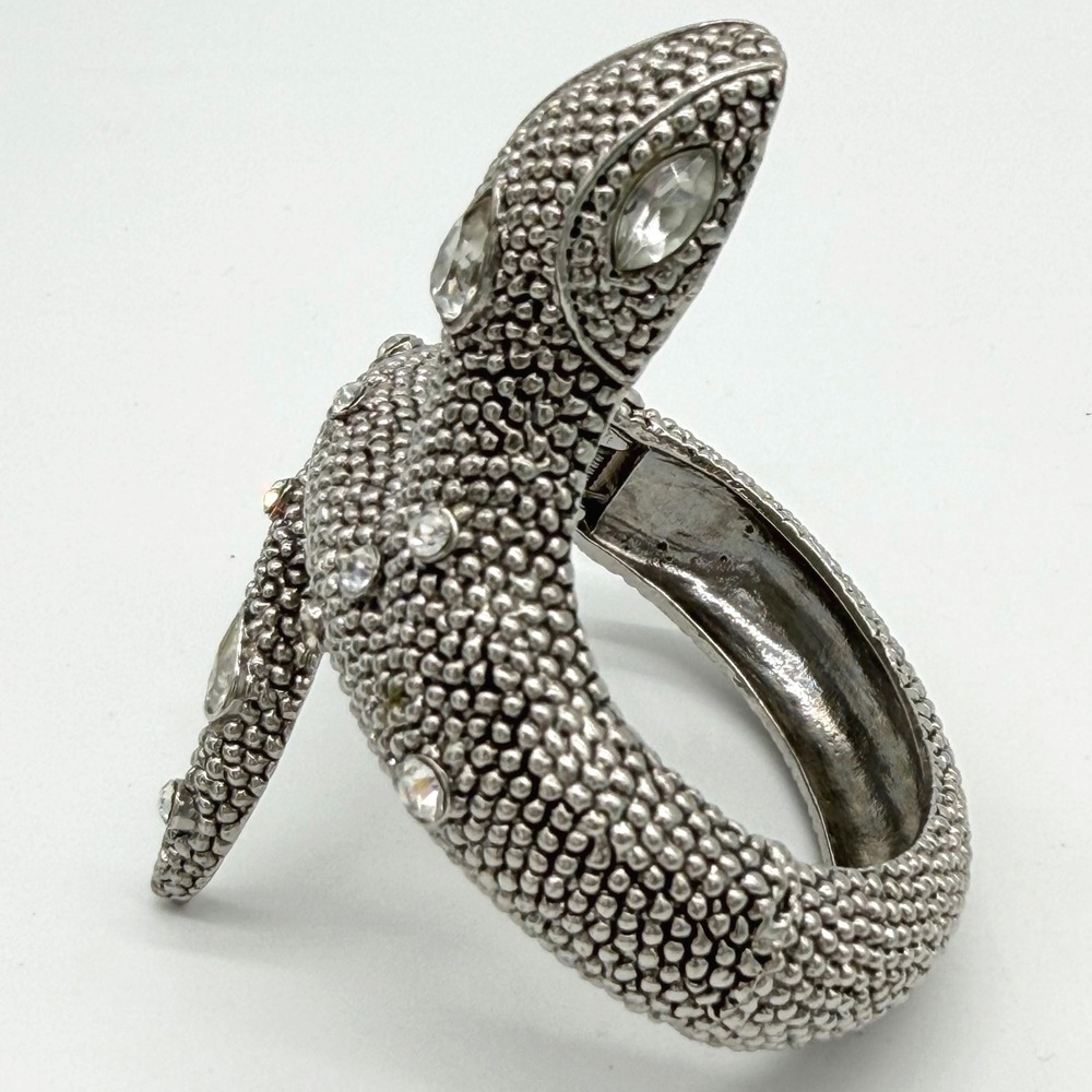 Vintage Snake Hinged Bangle Bracelet Silver Tone Rhinestone Textured Serpent